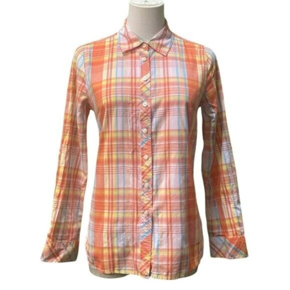 Talbots Long Sleeve 100% Cotton Orange Madras Plaid Woven Shirt Size S/P